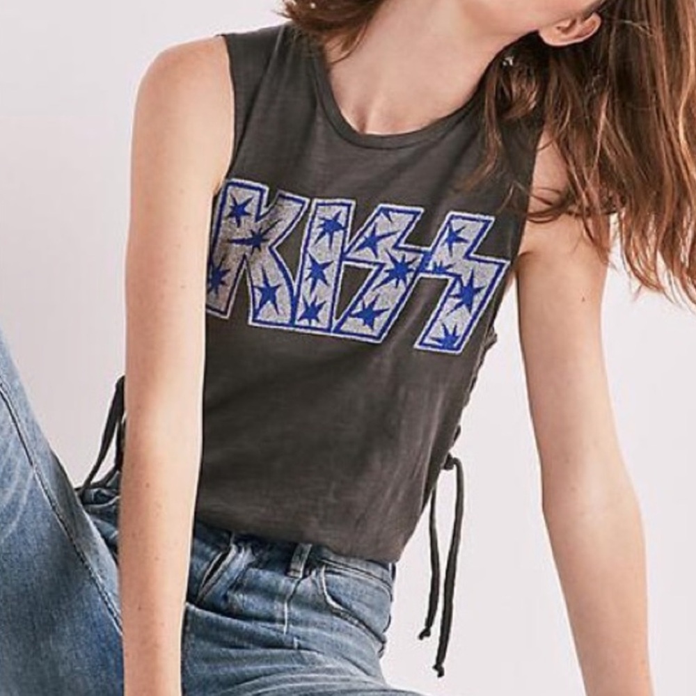 Lucky Brand Lace Up Sides Gray Sparkle KISS Graphic Tank top Size XS NWT